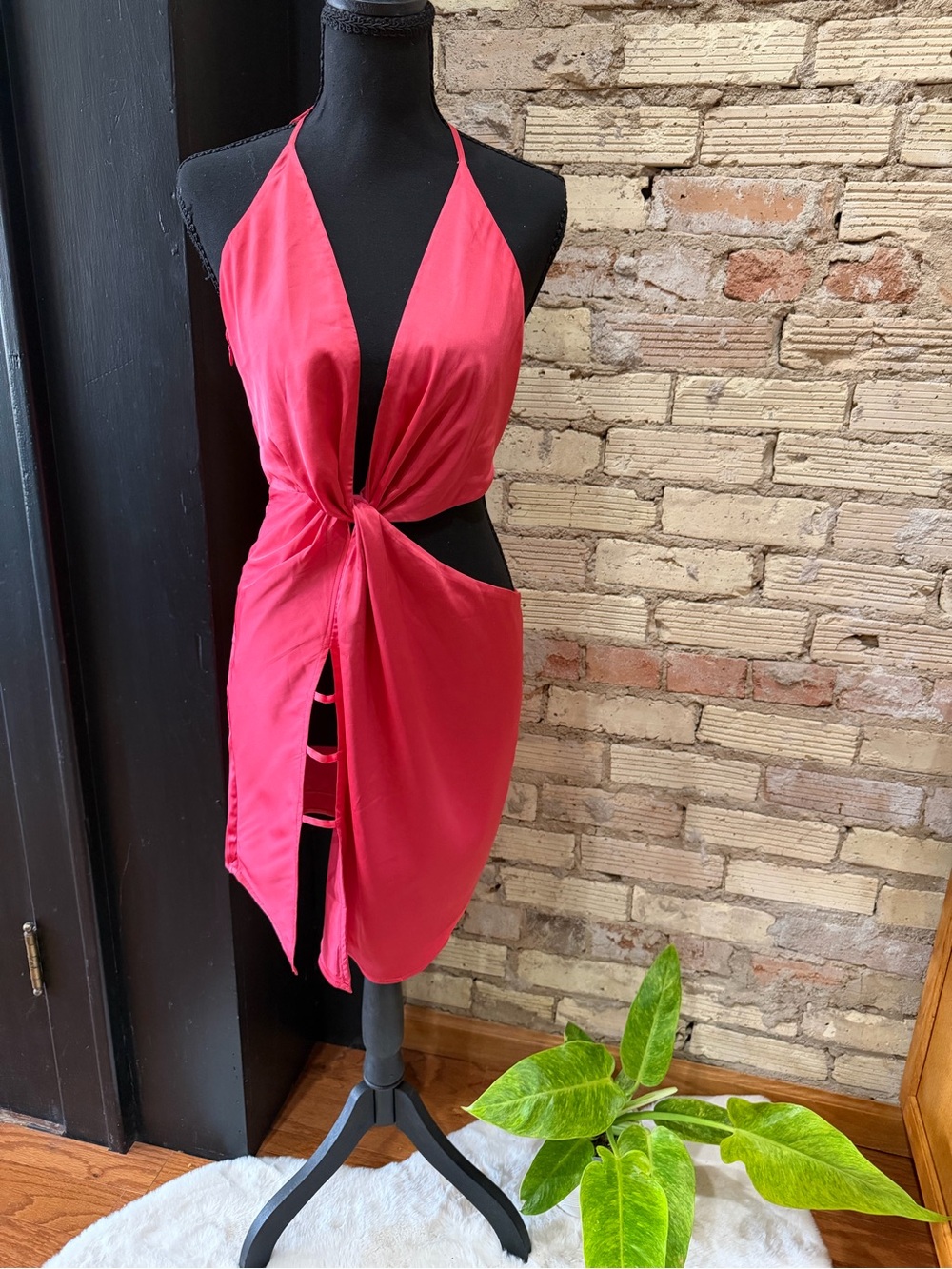 Hello Molly Hot Pink Satin Halter Cutout Mini Dress Size M